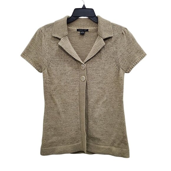 August Silk Women's Tan Short Sleeve Large Button Acrylic Ribbon Knit Cardigan L - Picture 1 of 6